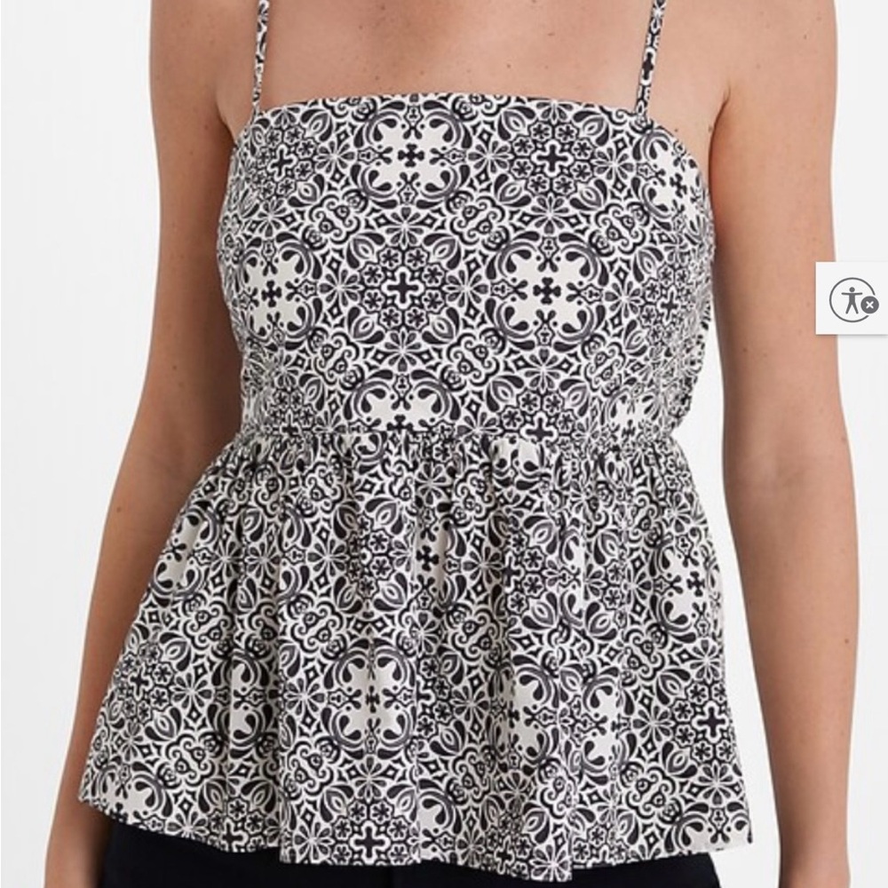 Express Black and White Patterned Peplum tank with smocked back and bow. XL